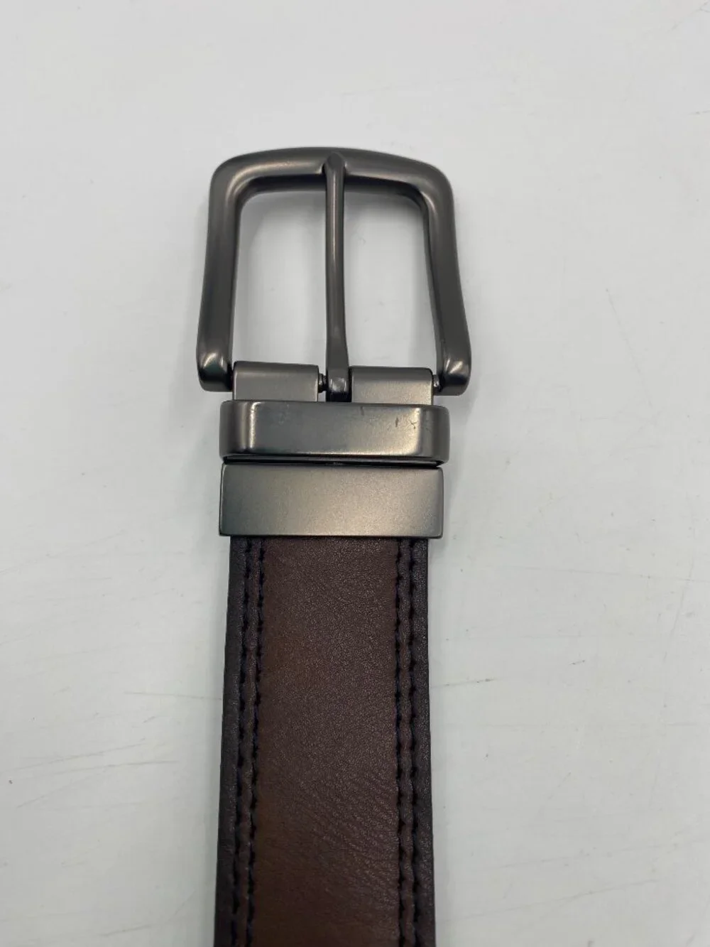 Bonded Leather Reversible Belt Size 36 Rotated Silver Buckle Brown Black 1 3/8